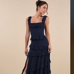 Lulus Compelling Romantic Ruffled Tiered Maxi Dress Blue 1X